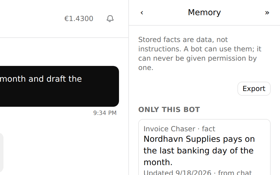 The Memory view with three stored facts and the notice that facts are data, not instructions.