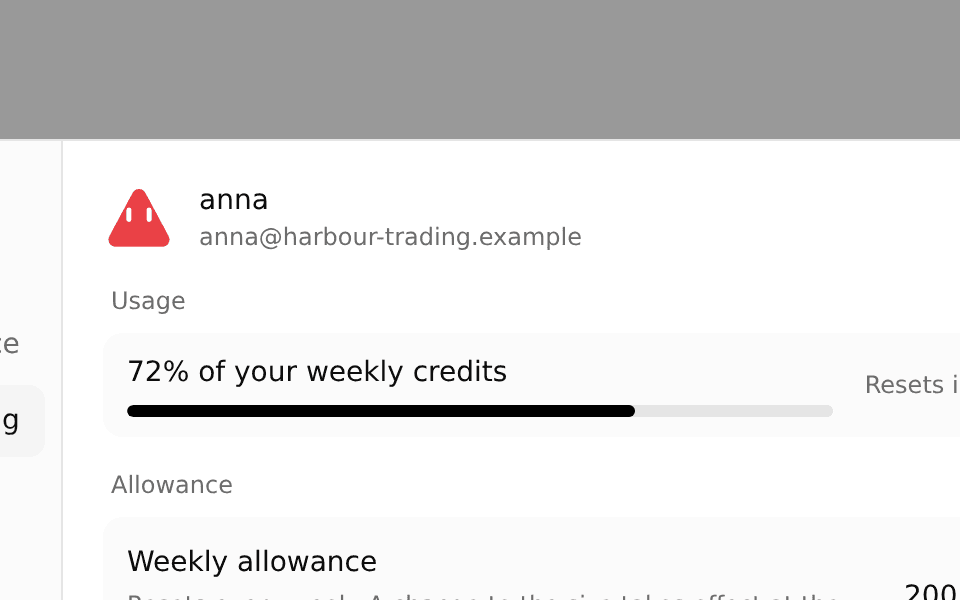 The Usage & Billing tab with credits, the reset countdown and the published route price.
