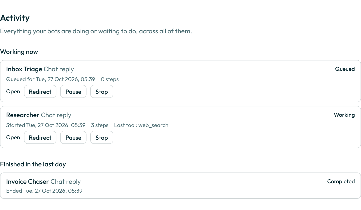 The Activity page with work in progress and finished work, on a desktop