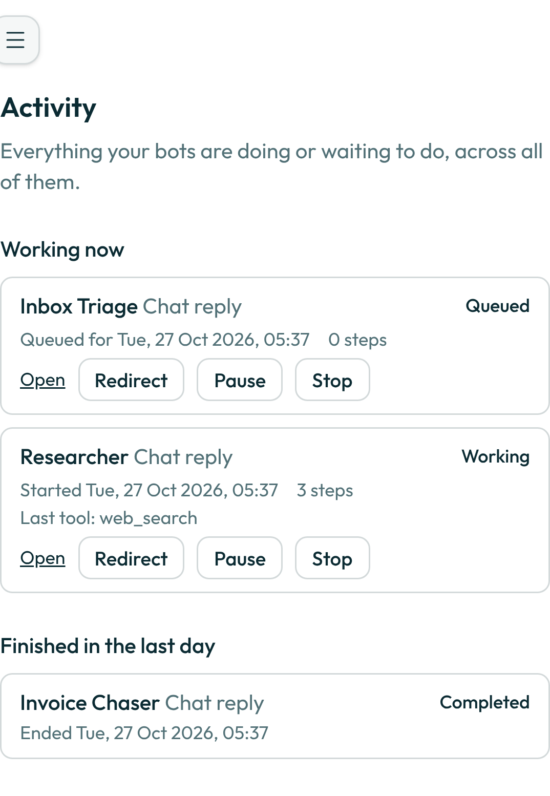 The Activity page with work in progress and finished work, on a phone