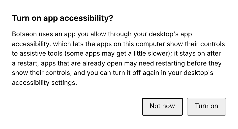 The app accessibility window on Linux, on a desktop