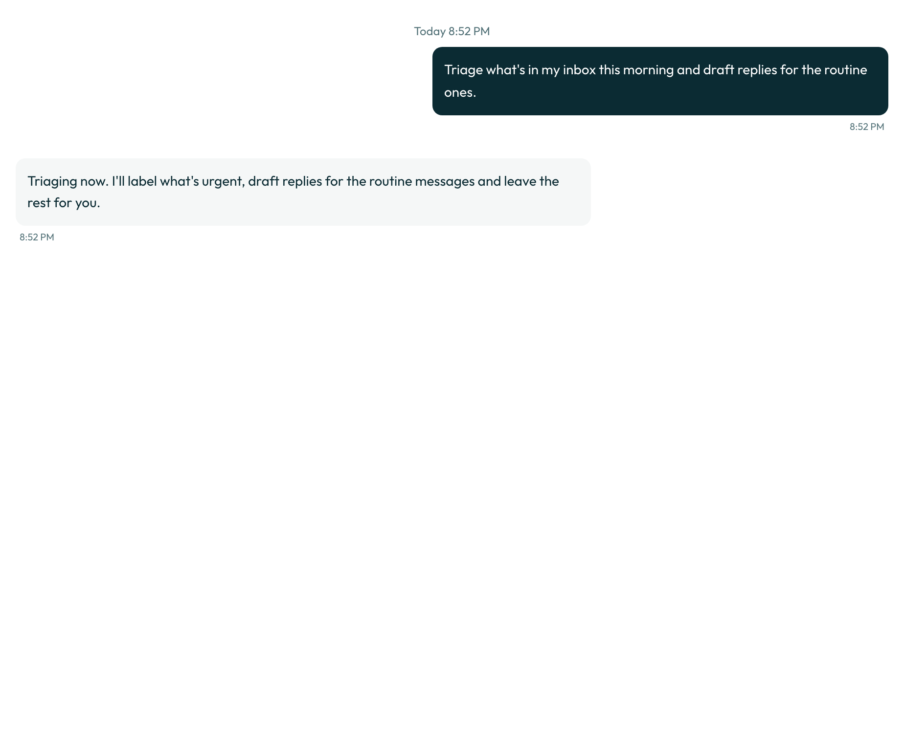 The bot's reply in the transcript, on the desktop