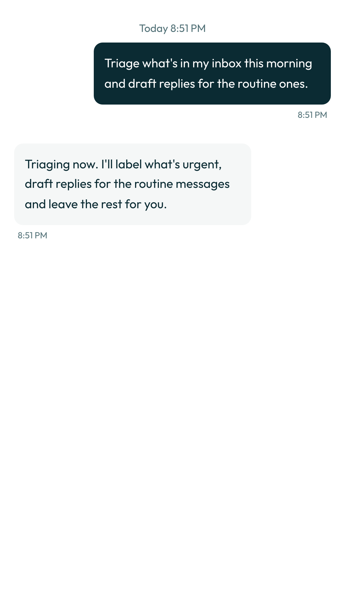 The bot's reply in the transcript, on a phone