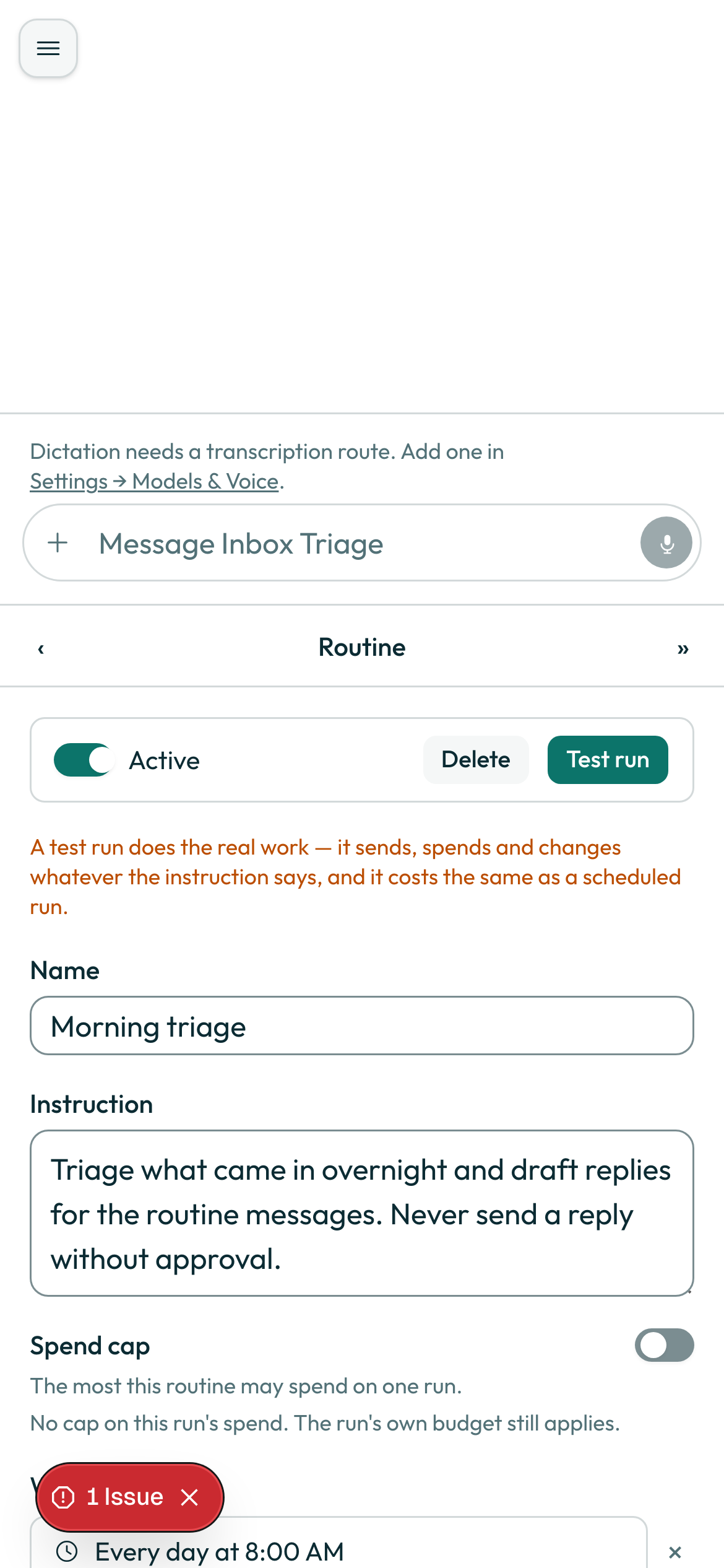 The routine editor, on a phone