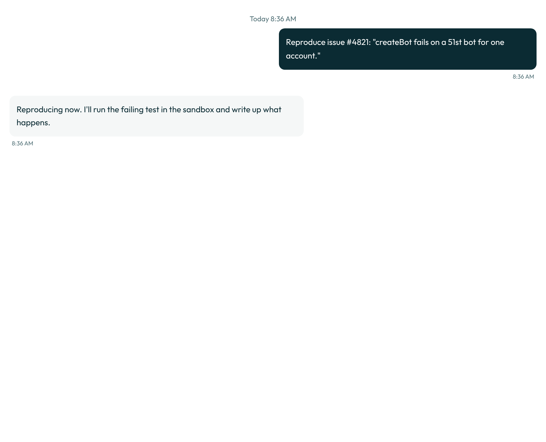The bot's reply in the transcript, on the desktop