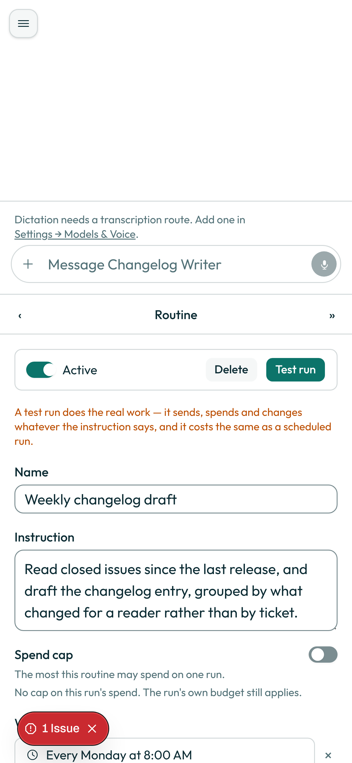 The routine editor, on a phone