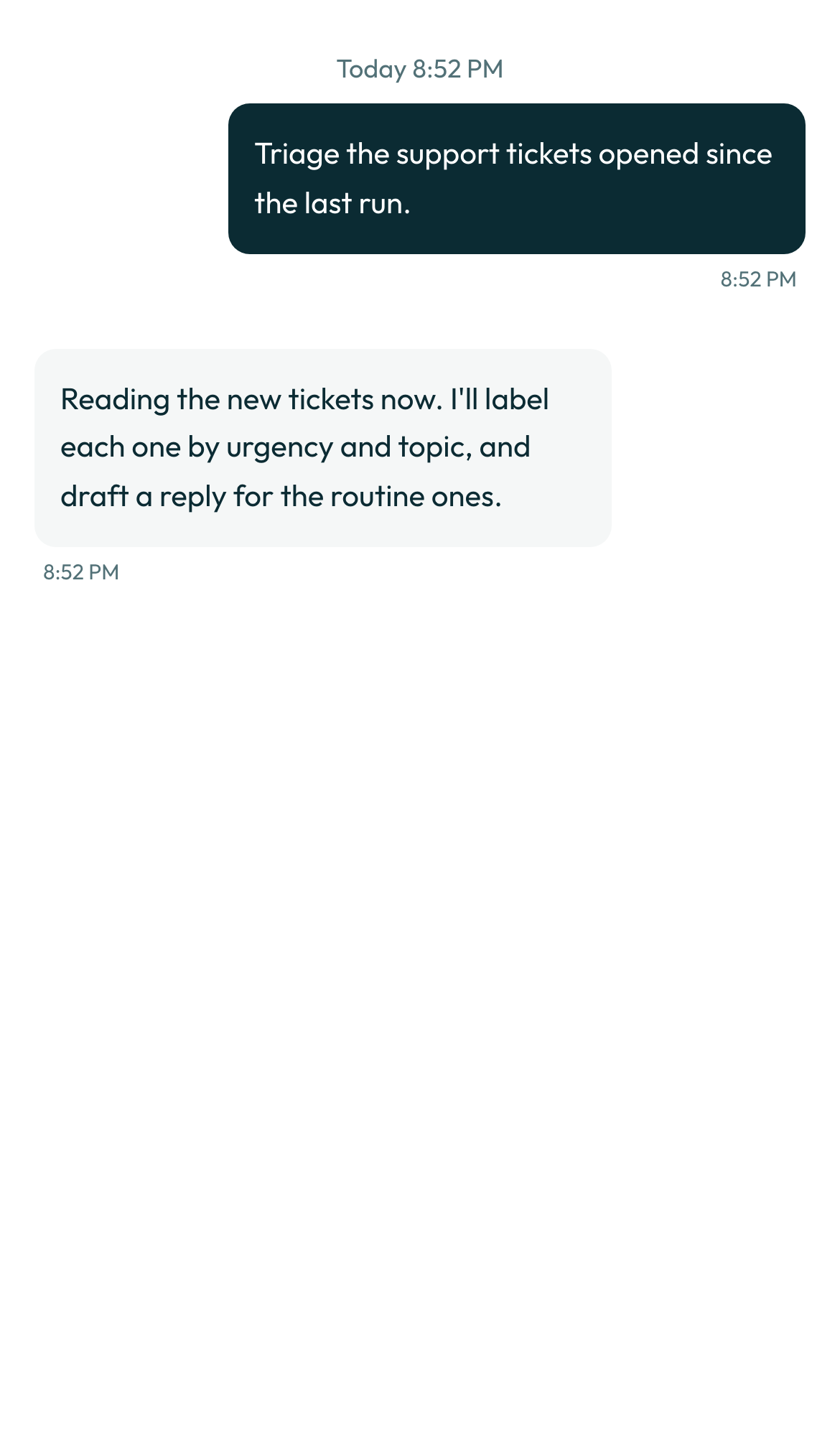 The bot's reply in the transcript, on a phone