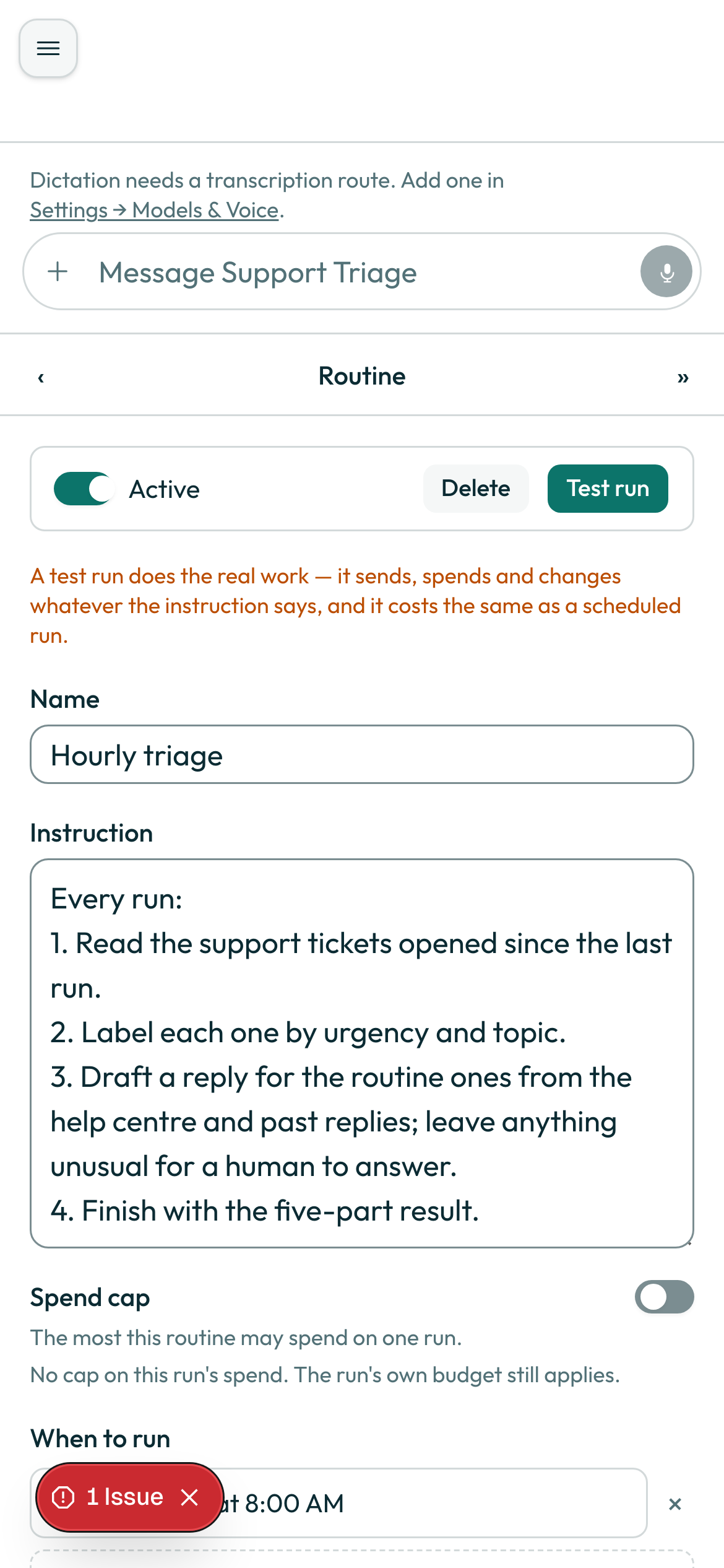 The routine editor, on a phone